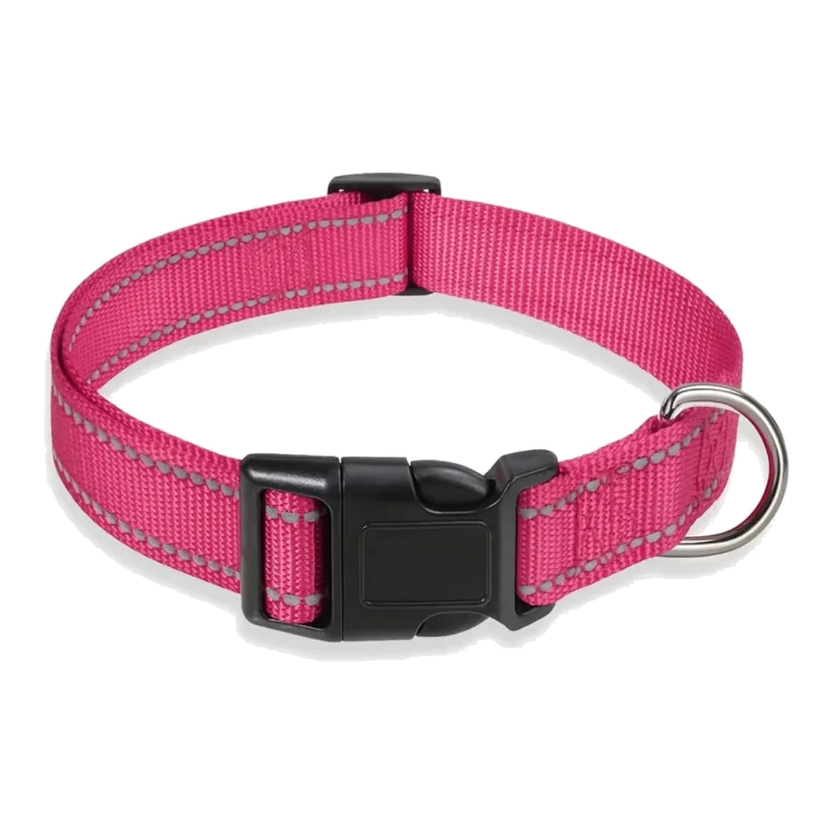 Rose red nylon dog collar with reflective stitching, black quick-release buckle and metal D-ring