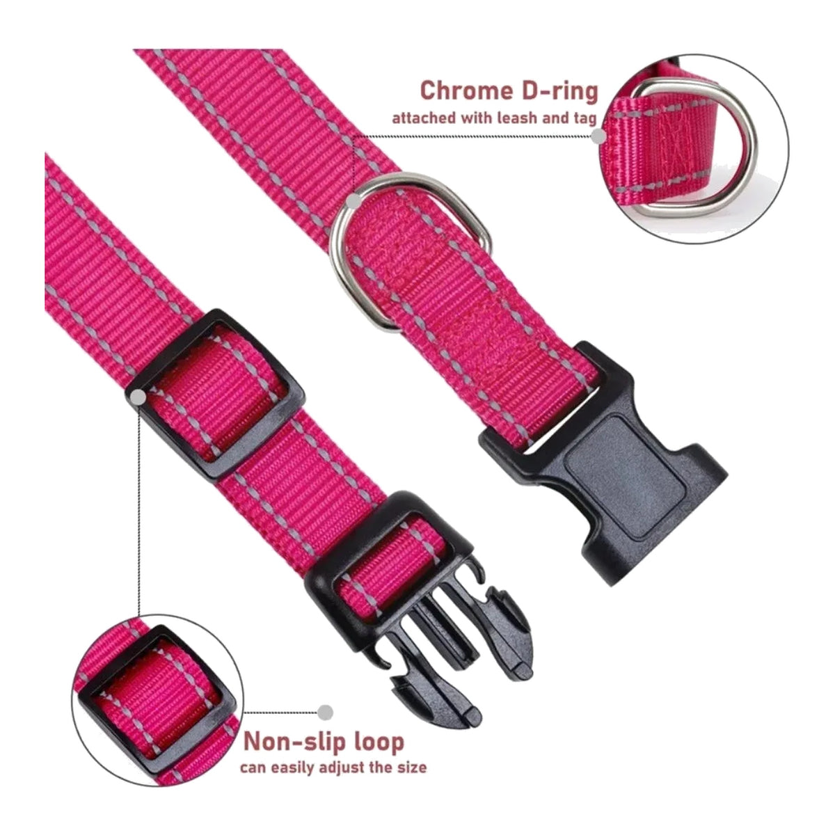 Close-up of the rose red collar showing the chrome D-ring, slide adjuster loop and quick-release buckle