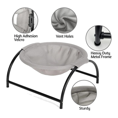 Empty grey mesh cradle on a black metal stand, with close-ups of the hook-and-loop strap, mesh fabric and frame joint