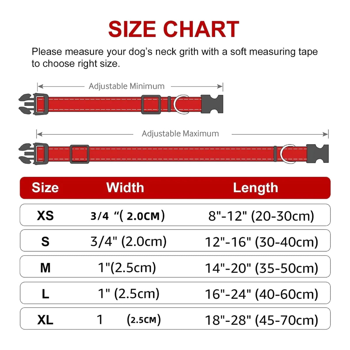 Collar size chart: XS to XL with widths and neck lengths from 8 to 28 in