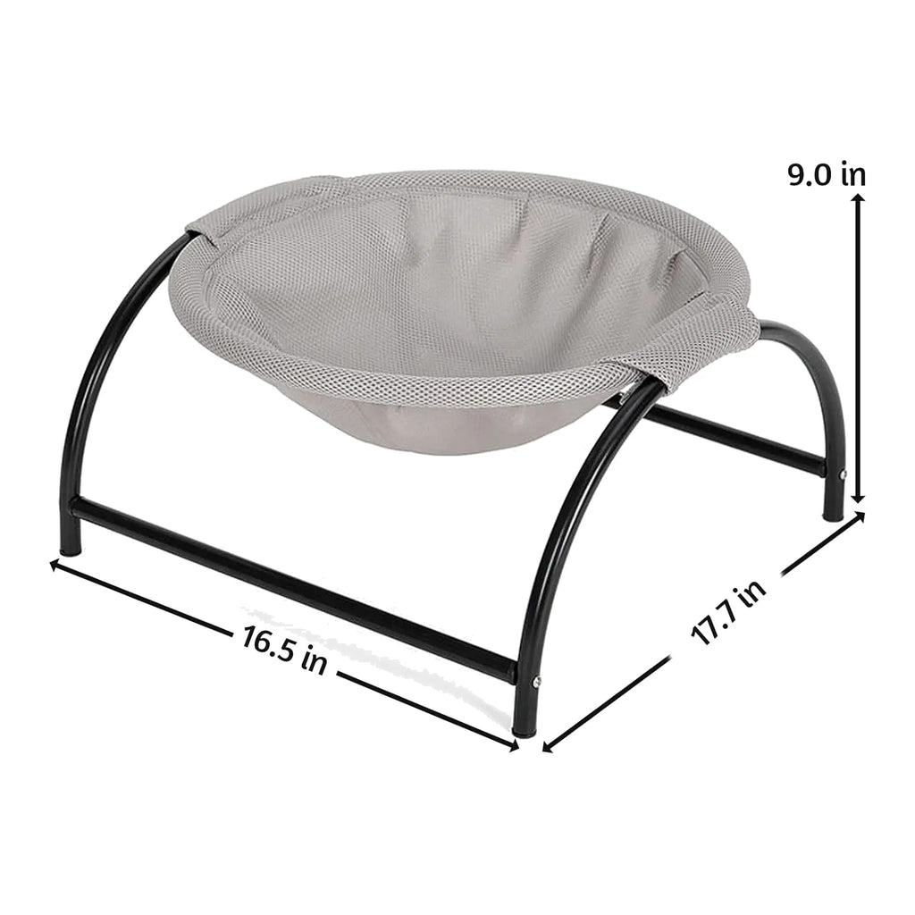 Grey mesh cat bed on black stand with dimensions 16.5 x 17.7 x 9.0 in