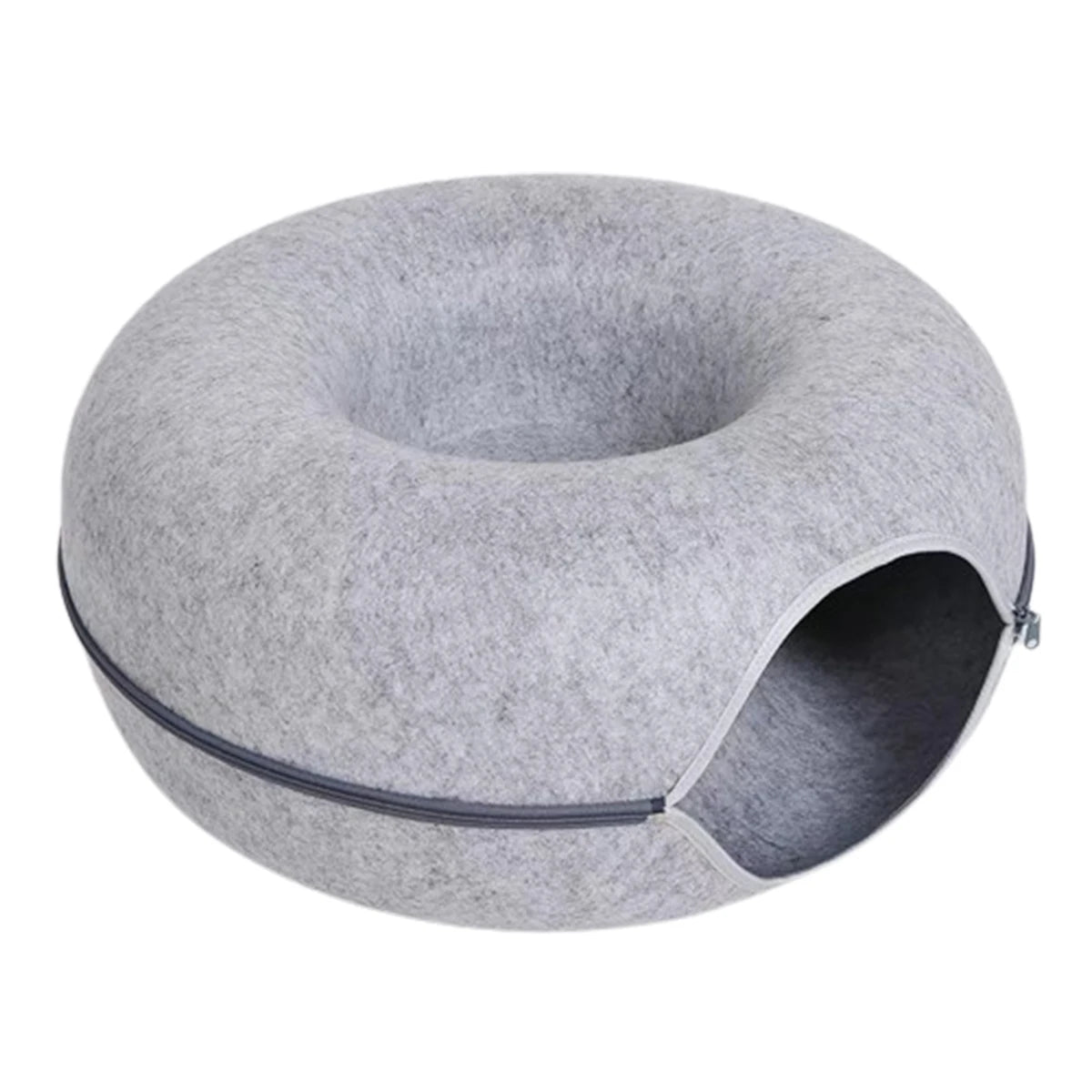 Light grey felt donut cave bed with zip opening