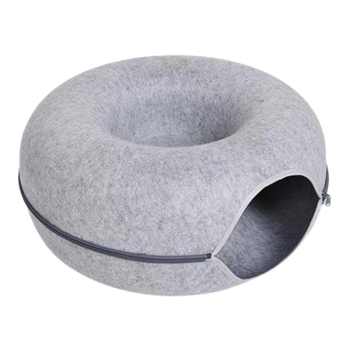 Light grey felt donut cave bed with zip opening
