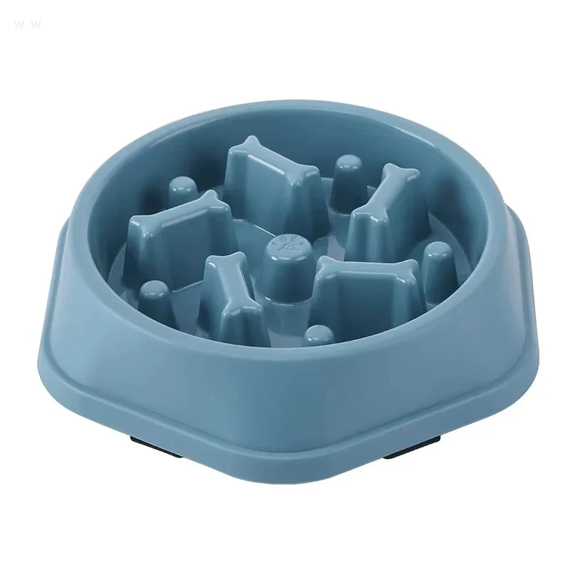 Blue plastic slow feeder bowl with raised bone-shaped ridges
