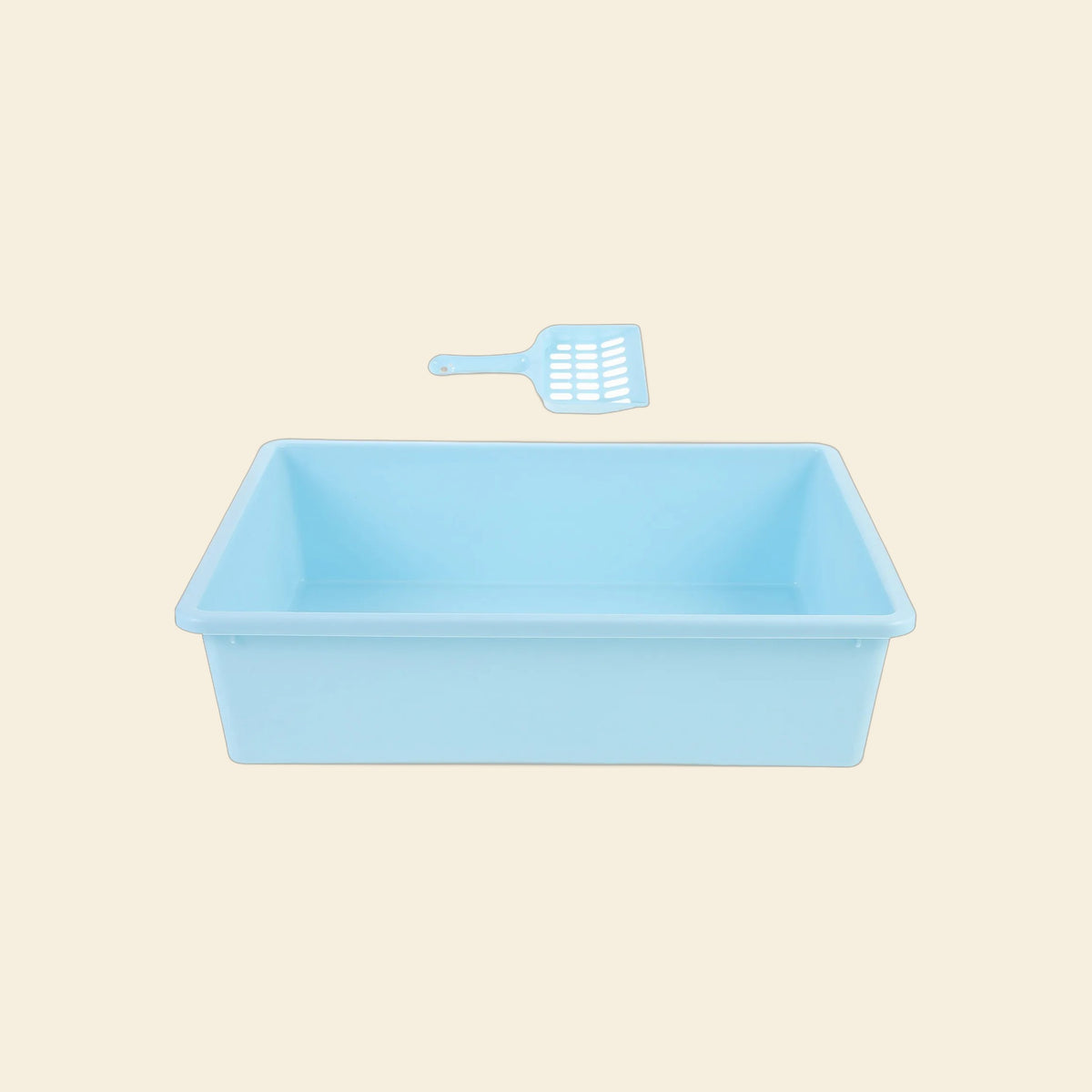 Open low-entry litter tray with scoop