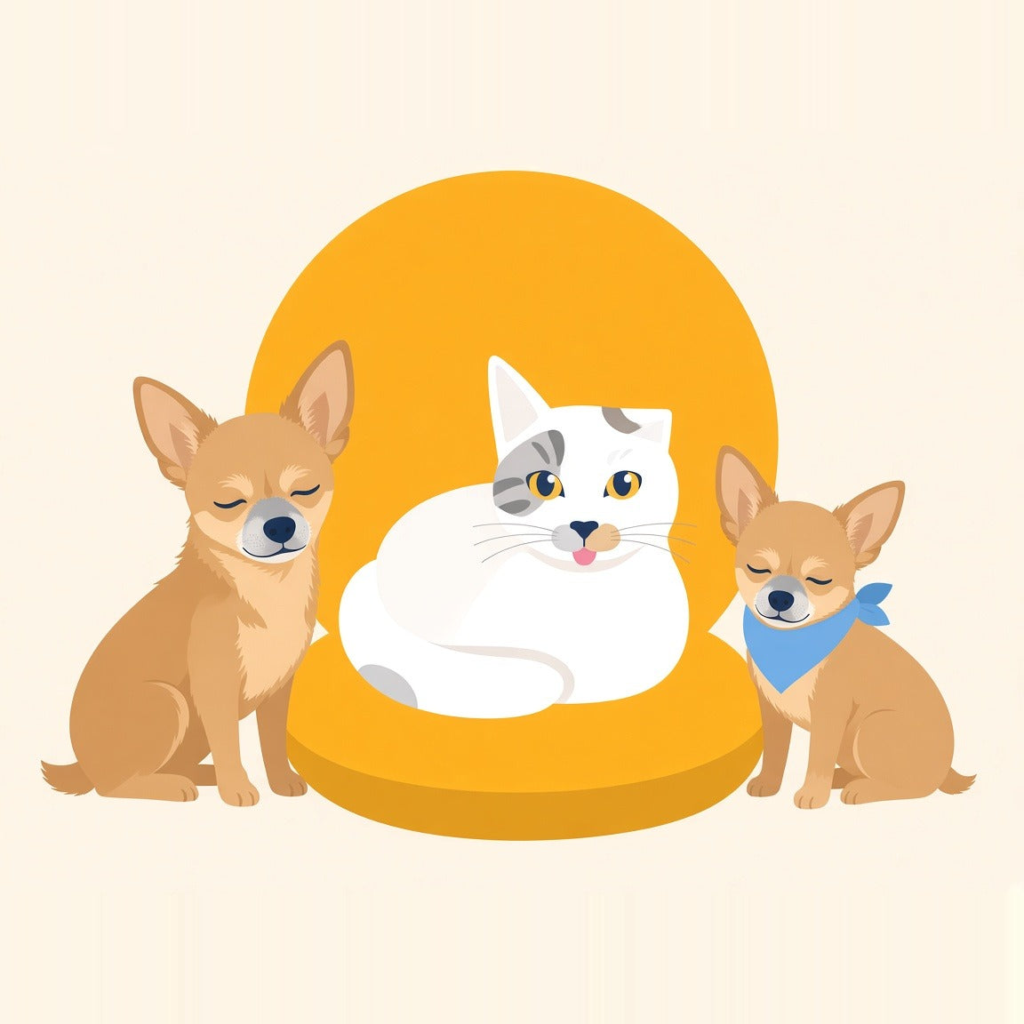 Humberto the senior cat on a round cushion with two senior Chihuahuas