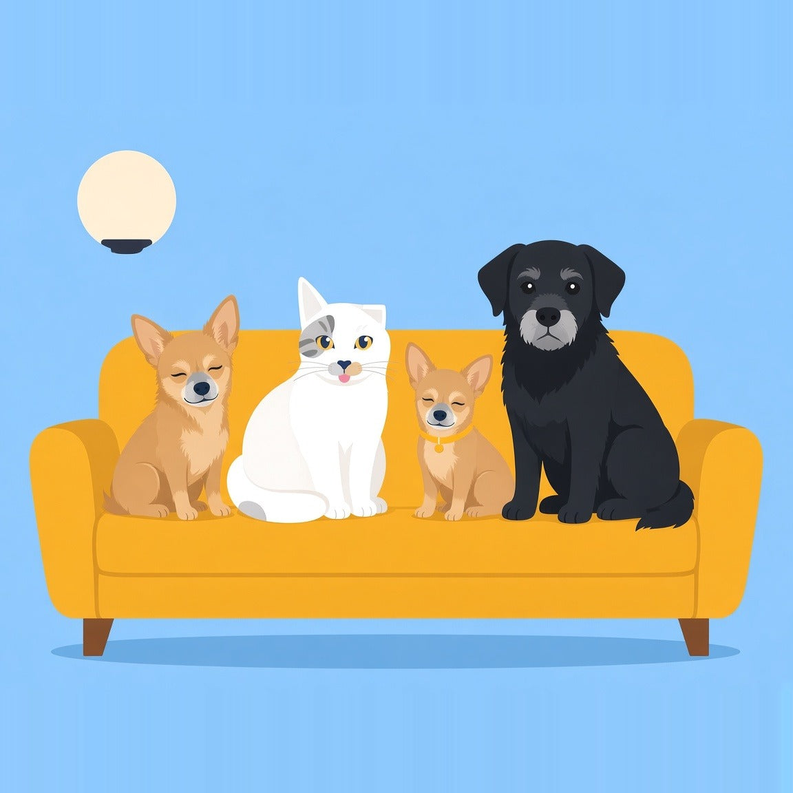 Humberto, two Chihuahuas and Benji together on a sofa