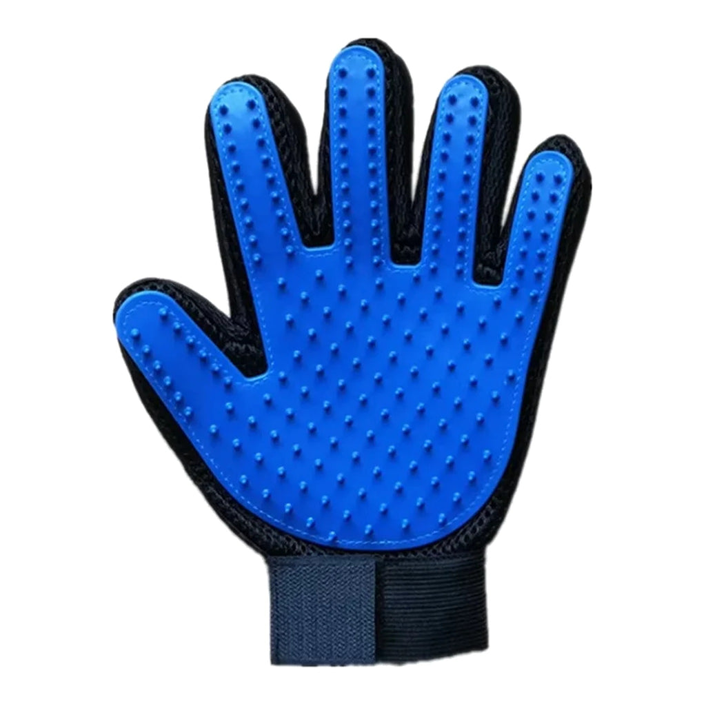 Blue five-finger pet grooming glove with soft rubber tips