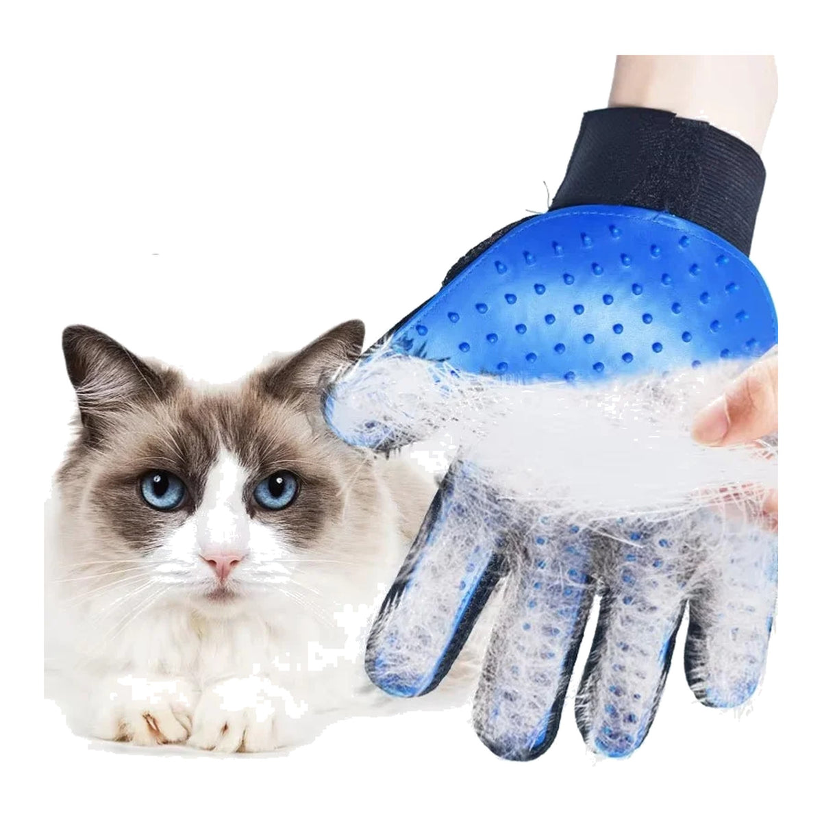 Blue five-finger pet grooming glove with soft rubber tips