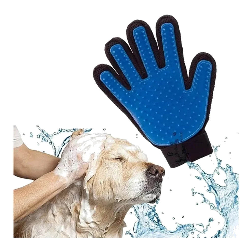 Blue five-finger pet grooming glove with soft rubber tips