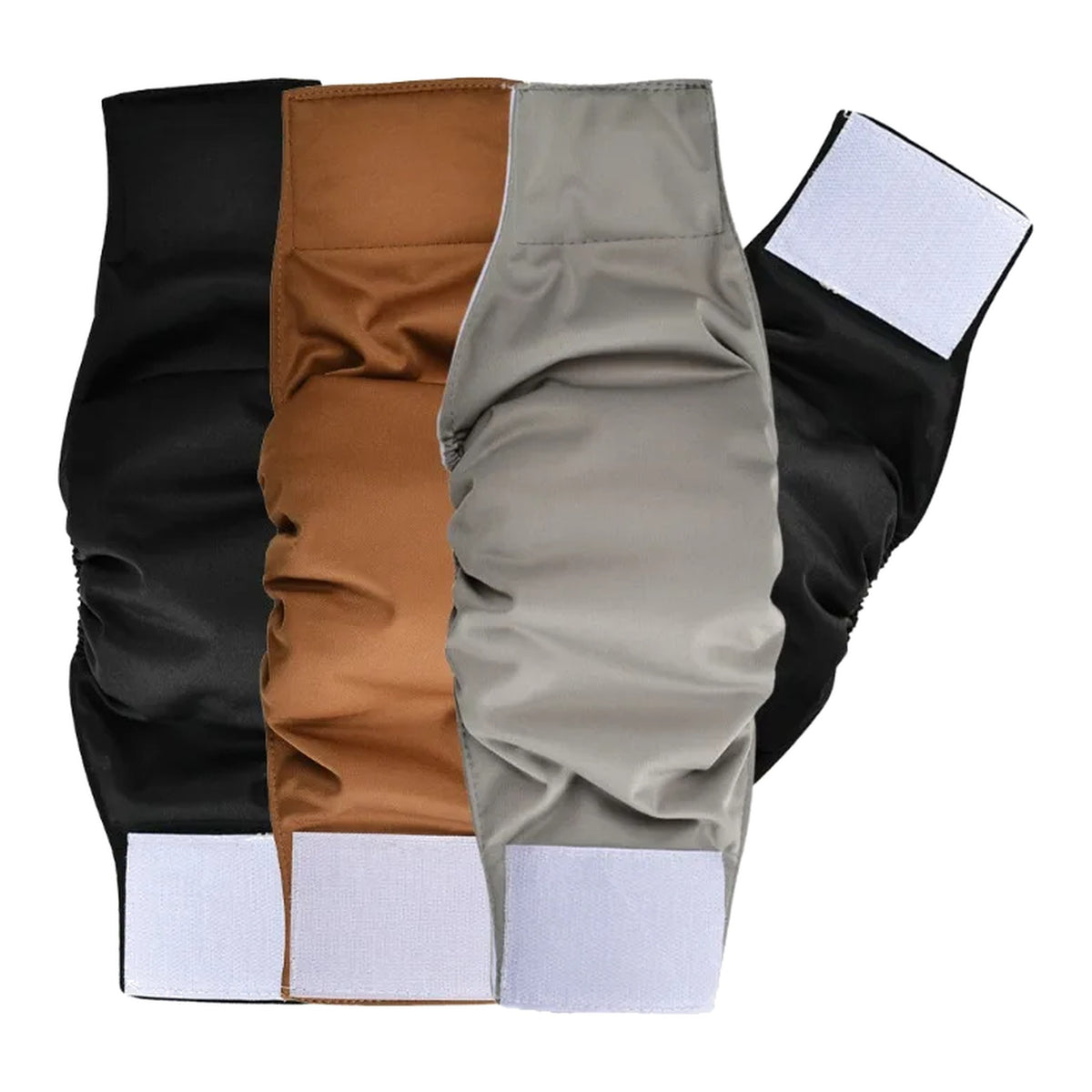 Three washable male dog belly bands in black, brown and grey