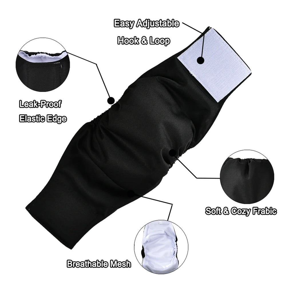 Three washable male dog belly bands in black, brown and grey