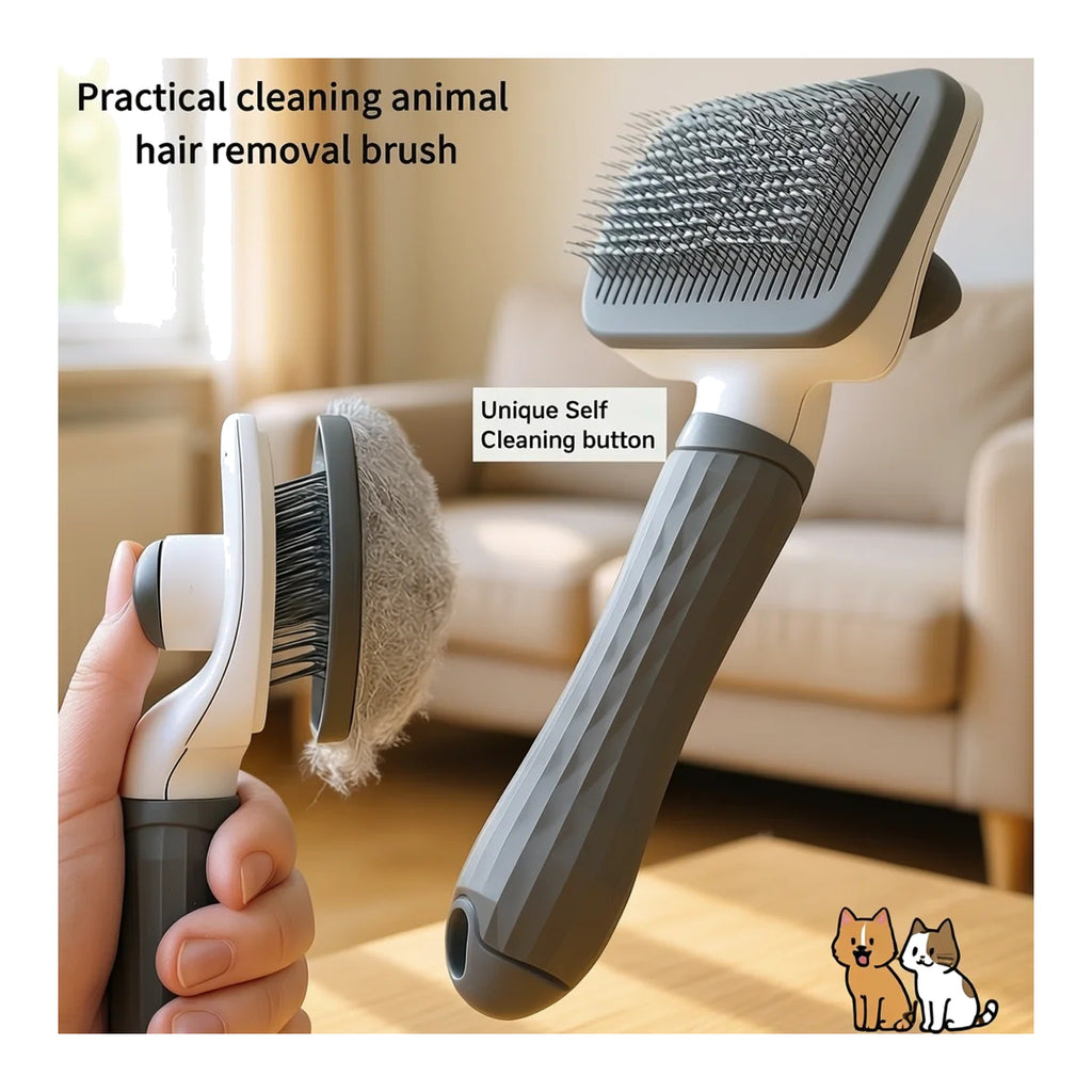 Grey self-cleaning slicker brush with the fur-release button pushing collected fur off the pins