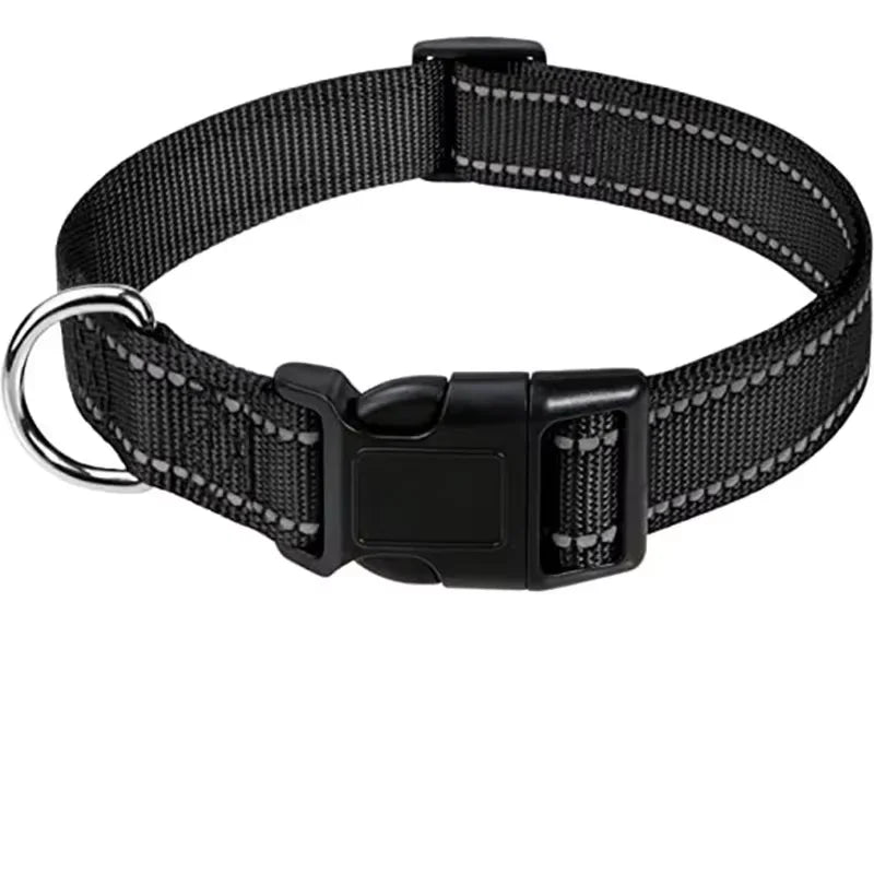 Black reflective nylon dog collar with black quick-release buckle and metal D-ring
