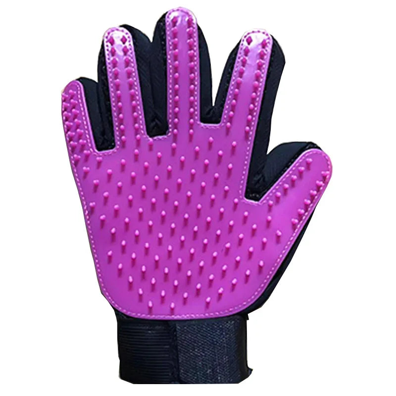 Pink five-finger grooming glove with soft rubber tips and black wrist strap