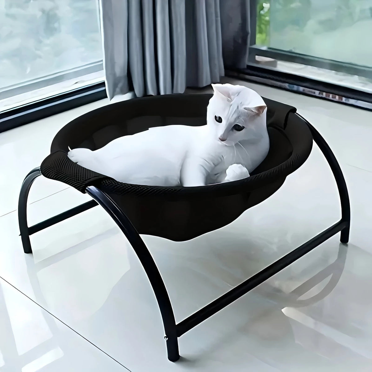 Cat resting in a black mesh hammock bed on a low black metal stand