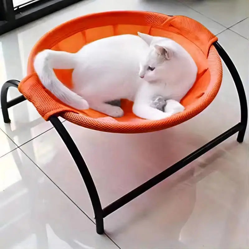 Cat resting in an orange mesh hammock bed on a low black metal stand
