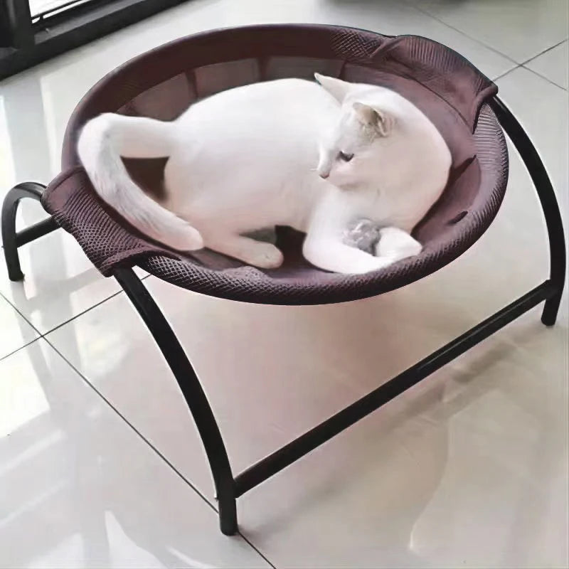Cat resting in a tea-brown mesh hammock bed on a low black metal stand