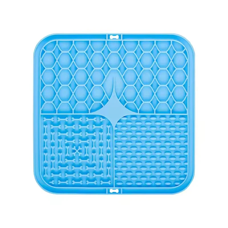 Blue square silicone lick mat with textured sections