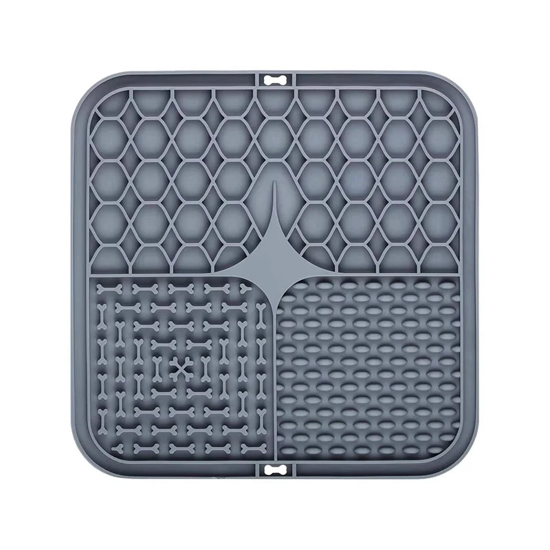 Gray square silicone lick mat with textured sections