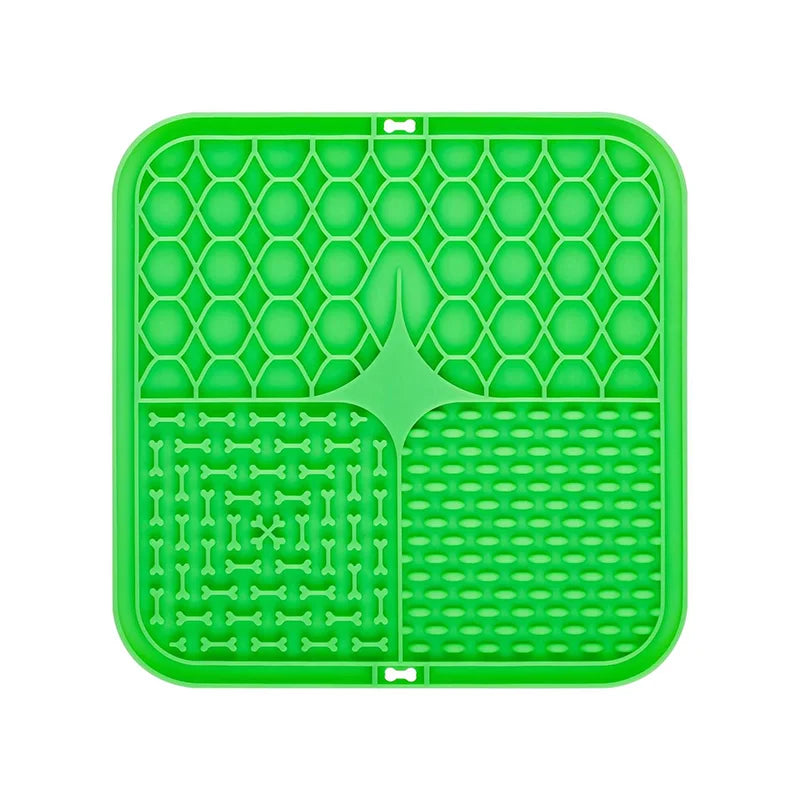 Green square silicone lick mat with textured sections