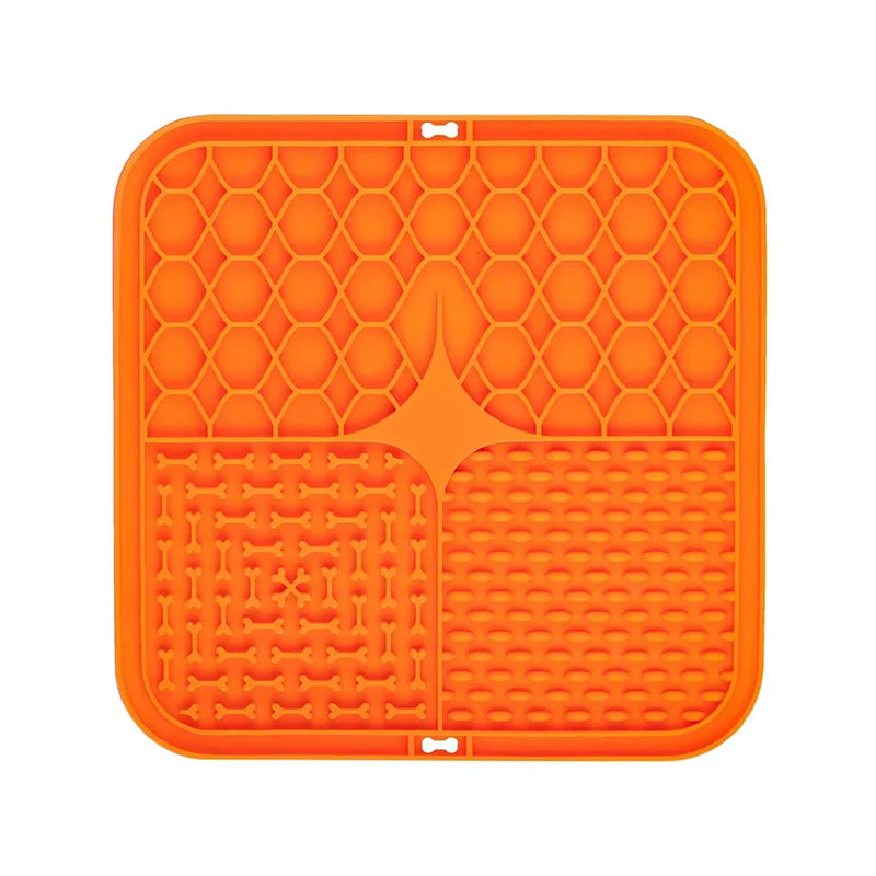 Orange square silicone lick mat with textured sections