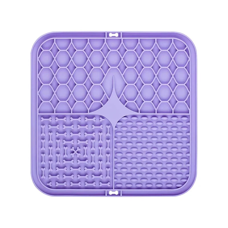 Purple square silicone lick mat with textured sections